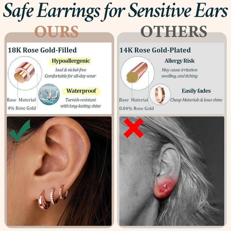 Poxtex Small Sterling Silver Huggie Hoop Earrings Set for Women, Hypoallergenic 14K Gold Plated Hoops Stacks for Multiple Piercings, Dainty Cute Mini Lightweight Cartilage Studs Trendy Jewelry Gift - Image 4